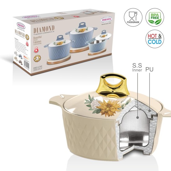 ASIAN Casserole Hotpot, Stainless Steel insulated Hot Pot, Food Warmer, Keeps Food Warm for Hours - Diamond Beige (3500 ML)