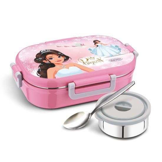 ASIAN Hot Meal Locker Kids Lunch Box With SPOON (Pink, Stainless Steel), 500 milliliter