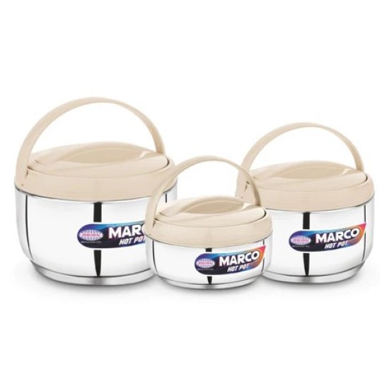 Asian Marco Stainless Steel Insulated N DELUX Hot Pot, Set Of 3Pcs (800ML, 1200ML. 1800ML) - SILVER & BEIGE