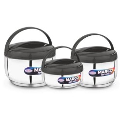 Asian Marco Stainless Steel Insulated N DELUX Hot Pot, Set Of 3Pcs (800ML, 1200ML. 1800ML) - SILVER & BLACK