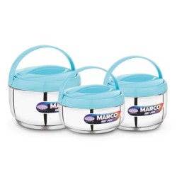 Asian Marco Stainless Steel Insulated N DELUX Hot Pot, Set Of 3Pcs (800ML, 1200ML. 1800ML) - SILVER & BLUE