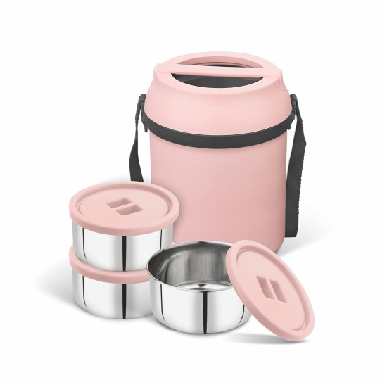 ASIAN Wonder Meal Hot Lunch Box SR. Set of 3 (700 ML) Pink Color (Stainless Steel)