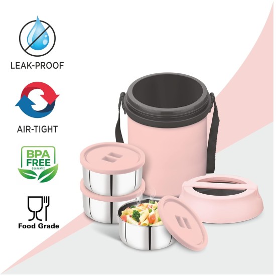 ASIAN Wonder Meal Hot Lunch Box SR. Set of 3 (700 ML) Pink Color (Stainless Steel)