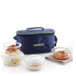 Borosil Blue Glass Lunchbox, Round x 4