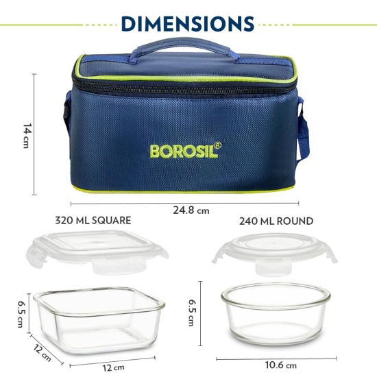 Borosil Klip n Store Universal Lunchbox | Set of 4 (320ml x 2 Square + 240ml x 2 Round), Borosilicate Glass | Microwave & Dishwasher Safe, Leakproof | Tiffin for Office/School/College | Transparent