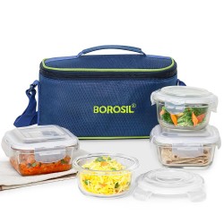 Borosil Klip n Store Universal Lunchbox | Set of 4 (320ml x 2 Square + 240ml x 2 Round), Borosilicate Glass | Microwave & Dishwasher Safe, Leakproof | Tiffin for Office/School/College | Transparent