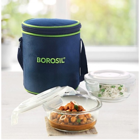 Borosil Blue Glass Lunchbox, Round x 2 (Tall)