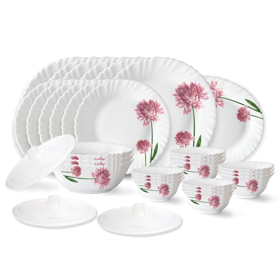 Larah by Borosil Nargis Fluted Series Opalware Floral Dinner Set | 27 Pieces for Family of 6 | Microwave & Dishwasher Safe | Bone-Ash Free | Crockery Set for Dining & Gifting | Plates & Bowls | White