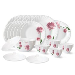 Larah by Borosil Nargis Fluted Series Opalware Dinner Set | 33 Pieces for Family of 6 | Microwave & Dishwasher Safe | Bone-Ash Free | Crockery Set for Dining & Gifting | Plates & Bowls | White