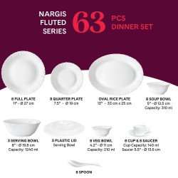 Larah by Borosil Nargis Fluted Series Opalware Dinner Set | 63 Pieces for Family of 8 | Microwave & Dishwasher Safe | Bone-Ash Free | Crockery Set for Dining & Gifting | Plates & Bowls | White