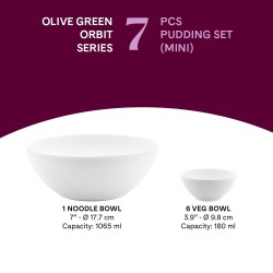 Larah by Borosil Olive Green Orbit Series Opalware 7 Pcs Pudding Set | Microwave & Dishwasher Safe | Bone-Ash Free | Crockery Set For Dining & Gifting | Bowls Set | White