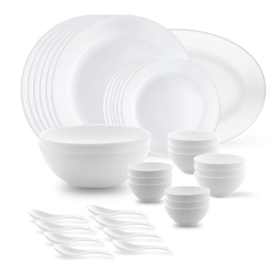 Larah by Borosil Orbit Series Opalware Dinnerset | 33 Pieces for Family of 6 | Microwave & Dishwasher Safe | Bone-Ash Free, Crockery Set for Dining & Gifting | Plates & Bowls, White