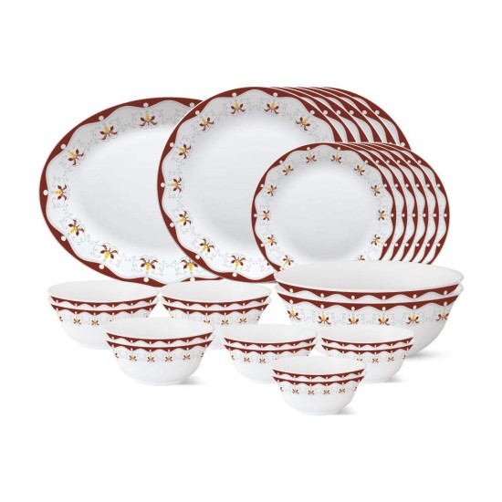 Larah by BOROSIL - Tiara Series, Royal Brown, 27 Pcs, Opalware Floral Dinner Set, White