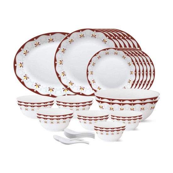 Larah by Borosil - Tiara Series, Royal Brown, 33 Pcs, Opalware Dinner Set, White