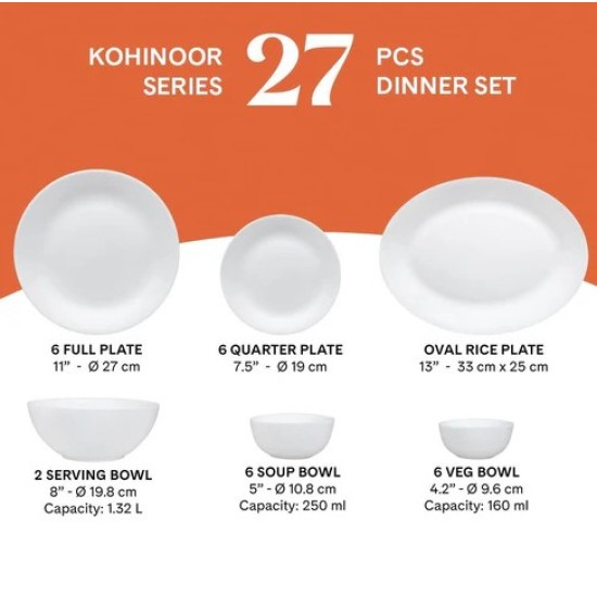 Borosil - Kohinoor Series Syrah Opalware Dinner Set | White | Set of 27 Pcs