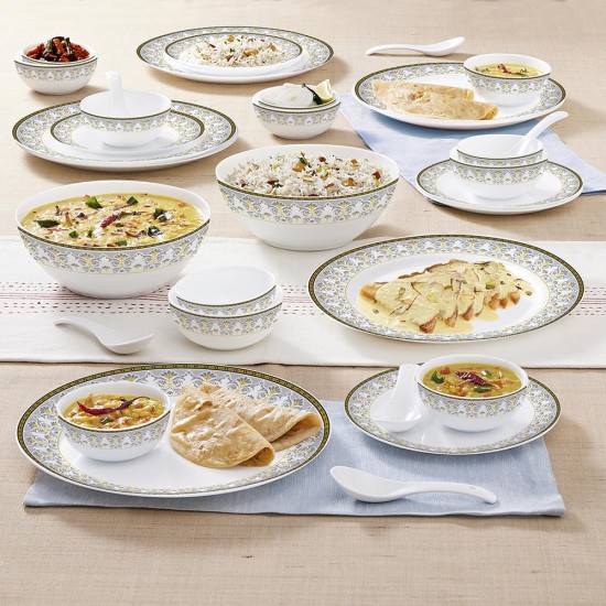 Larah by Borosil Vatika Kohinoor Series Opalware Dinner Set | 33 Pcs for Family of 6 | Microwave & Dishwasher Safe | Bone-Ash Free | Crockery Set for Dining & Gifting | Plates & Bowls | White