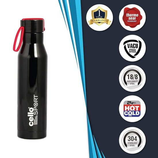 Cello Maestro Thermosteel Flask, 550ml, Black | 24 Hours Hot and Cold Stainless Steel Bottle 