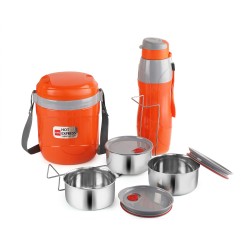 CELLO Lunch Express Insulated Tiffin and Water Bottle, Orange (Plastic) | Stainless Steel Tiffin 3 Units | Hot and Cold Water Bottle | Ideal for Office, Travel