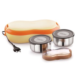 CELLO Atom Electric Stainless Steel Lunch Box with 2 Containers (Beige)