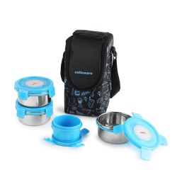 CELLO MF Click Lunch Box Set with Bag, 4 Containers, 300ml, Blue | Tiffin Box Outer Plastic Inner Steel with Bag | Leakproof Lunch Boxes with Jacket | Ideal for Office, School, College