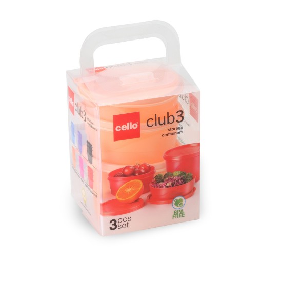 Cello MF Club Polypropylene Container | Airtight Container | Easy to Carry & Food Grade Plastic | Dishwasher & Microwave Safe | Set of 3, Peach