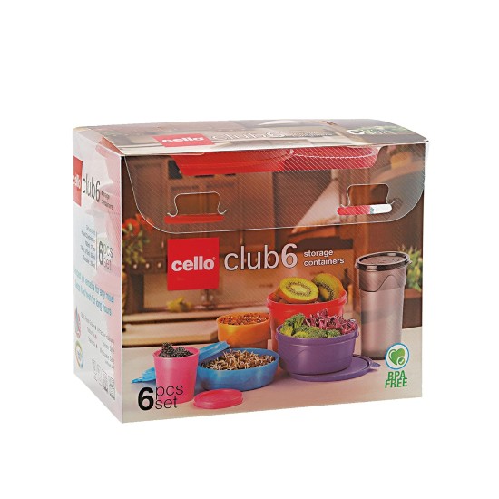 Cello MF Club Plastic Container | Airtight Container | Easy to Carry & Food Grade Plastic | Dishwasher & Microwave Safe | Set of 6