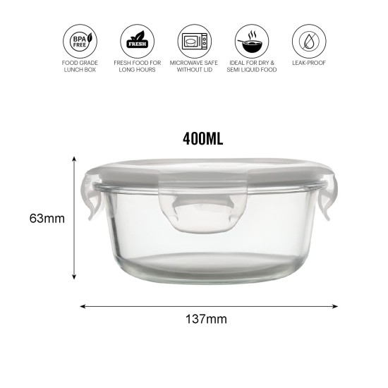 CELLO Delighta Round Borosilicate Glass Lunch Box with Jacket, 400ml, Set of 3 | Vertical Glass Lunch Boxes | Microwave Safe and Leak Proof | Tiffin for Office/School/College | Transparent