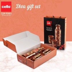 CELLO Cop-Pura Diva Gift Set Floral Water Bottle with 2 Glasses(310ml), 1000ml, 3pcs, Copper