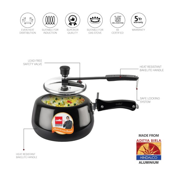 CELLO Chef Plus Delux Hard Anodised |Pressure Cooker with SS Inner Lid | Gas Stove Compatible | Healthy Cooking | Black, 3 Litre