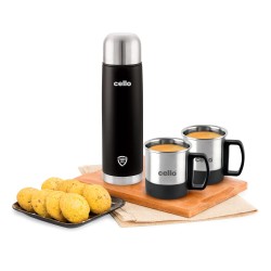 CELLO Duro Classic Vacusteel Flask with Mugs Gift Set | Leak-Proof Design with DTP Coating | Ideal for Coffee, Tea, Hot Chocolate, or Iced Beverages | 3 Unit, Black