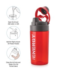 CELLO Energy Plastic Protein Shake Bottle | Flip top open| Leak Proof & Easy to clean | Gym Protein Shaker Bottle | 700ml, Red