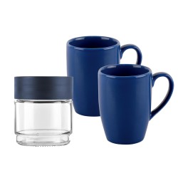 CELLO Glorious Gift Set | Storage Jar with Stylish Mugs | Airtight Jar & Wide Mouth | Dishwasher Safe | 3 Unit, Midnight Blue