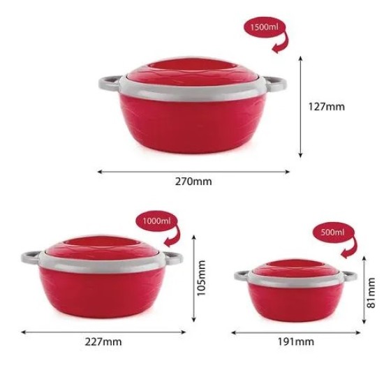 CELLO Casserole Set, Inner Steel, Insulated, Pink, Hot Flavour, 500 ml + 1L + 1.5l set of 3