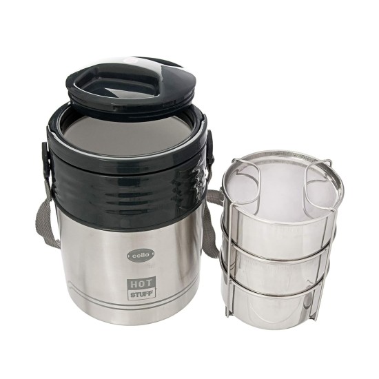 CELLO HOT Stuff-3 Stainless Steel Insulated Lunch Carrier,Colour- Grey,3 Containers