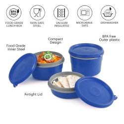 CELLO MF Hot Wave Stainless Steel 3 Container Lunch Box with Soft Fabricated Bag, 225ml, 375ml and 550ml, Blue