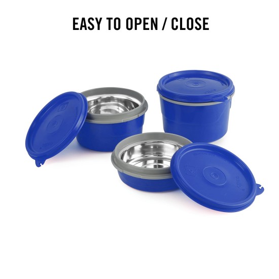 CELLO MF Hot Wave Stainless Steel 3 Container Lunch Box with Soft Fabricated Bag, 225ml, 375ml and 550ml, Blue