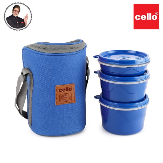 CELLO MF Hot Wave Stainless Steel 3 Container Lunch Box with Soft Fabricated Bag, 225ml, 375ml and 550ml, Blue