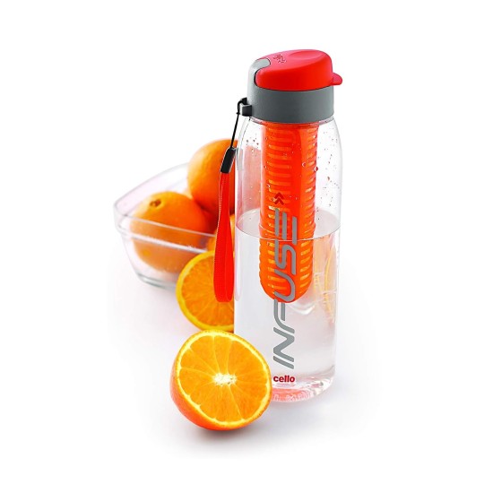 CELLO Infuse Plastic Water Bottle | Detox Bottle with Infuser Chamber | Leakproof Plastic Bottle with Wide Mouth Opening | Ideal for Gym, Office, Travel | 800ml, Orange