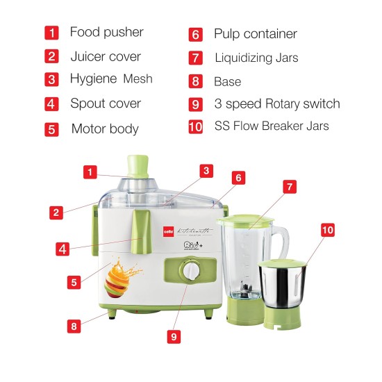 Cello JMG_Rio_Plus 500-Watt Juicer Mixer Grinder with 2 Jars (Green/White)