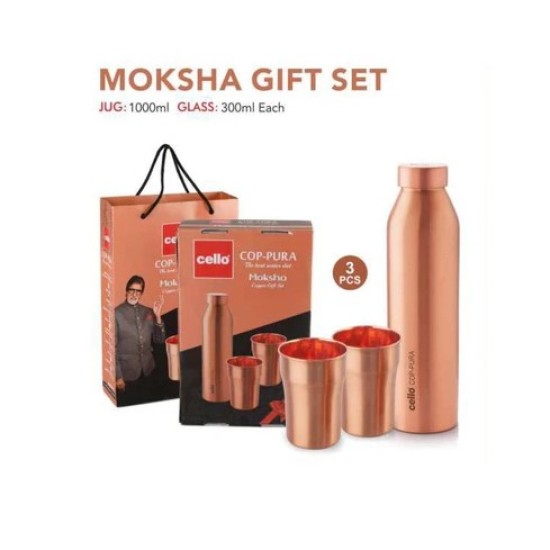 CELLO COPPER  Moksha Copper Gift Set, Bottle-900 Ml Glass-300 Ml Each, Round