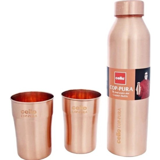 CELLO COPPER  Moksha Copper Gift Set, Bottle-900 Ml Glass-300 Ml Each, Round