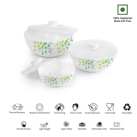 CELLO Opalware Green Orchard Mixing Bowls with Lid (500ml, 1000ml, 1500ml), 3 Units, White