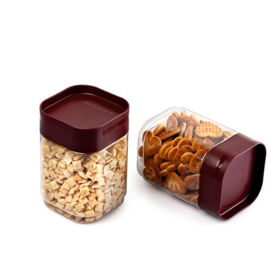 CELLO Modustack Square Containers | Air Tight Lid and Stackable | For Storage of Food, Pulses, Spice, Cereals, Cookies, Dry Food | Set of 2, 750ml, Maroon