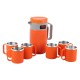 CELLO Puro Tea Break Set with Stainless Steel Inner, Hot and Cold, 7pcs(Puro Tuff Jug 1 Litre+ 6 Cups), Pure Orange, Large