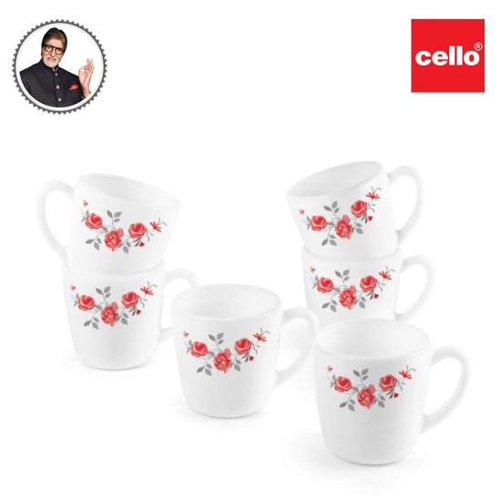 CELLO Ricca Mug 6 Pcs Set | Cups for Tea,Coffee,Espressoc| Thermal Resistant | Light Weight | Ideal Gifting Option | Red Rose Fantasy | 180ml