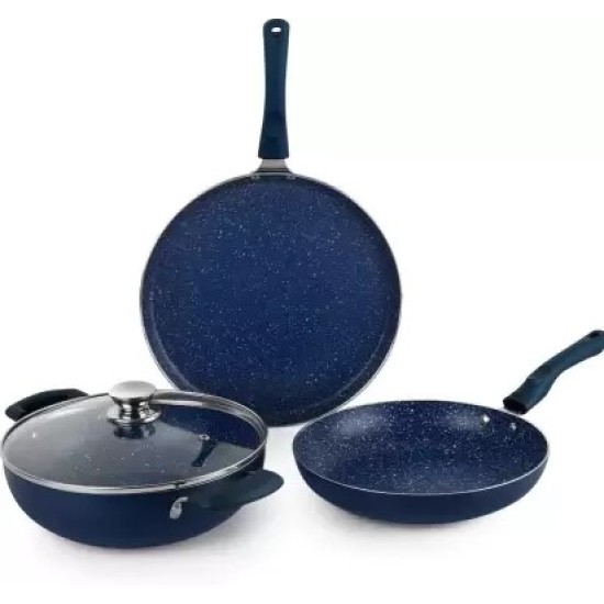 CELLO Non Stick Induction Bottom 4 Pcs Cookware Set (Dosa Tawa 28cm, Frying Pan 24cm, Kadhai 2.5ltr with Glass Lid) Induction Bottom Non-Stick Coated Cookware Set  (Aluminium, 3 - Piece)