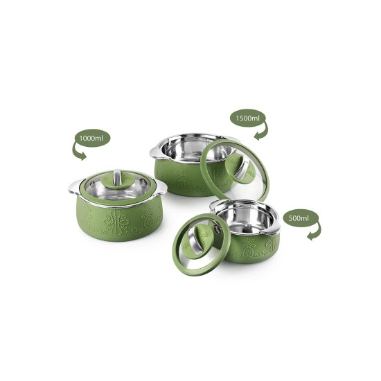 CELLO Royale Combo of 3 Casseroles with Insulated Stainless Steel and Glass Lid, (Capacity - 600+1100+1600ml), Green