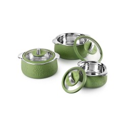 CELLO Royale Combo of 3 Casseroles with Insulated Stainless Steel and Glass Lid, (Capacity - 600+1100+1600ml), Green