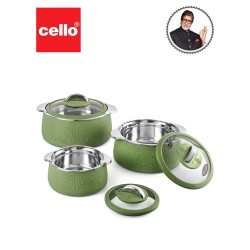 CELLO Royale Combo of 3 Casseroles with Insulated Stainless Steel and Glass Lid, (Capacity - 600+1100+1600ml), Green