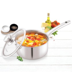 CELLO Induction Base Tri-Ply Pro Sauce Pan with Glass Lid, 2.2 Litre, 18 cm | Stainless Steel Cookware | 5 Year Warranty | Induction & Gas Base | Heavy Base | Silver